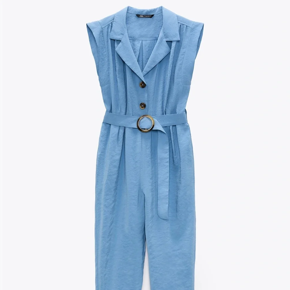 NWT Zara blue short sleeve buttoned up jumpsuit with a tie - Picture 10 of 15